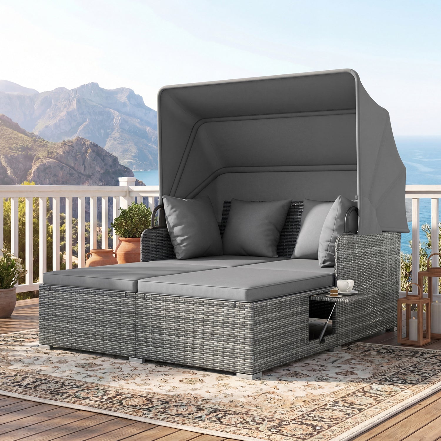 Patio Rattan Daybed with Retractable Canopy and Side Tables-Mix Gray, Mix Grey-grey Outdoor Sectionals at Gallery Canada