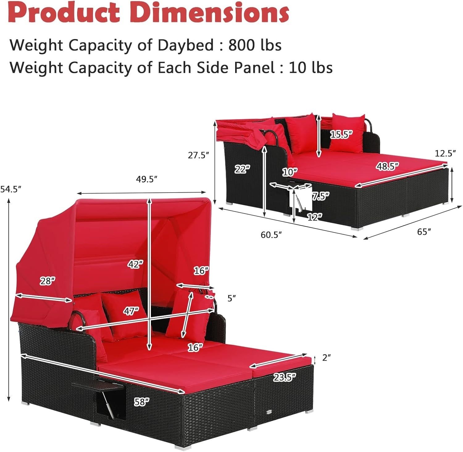 Rattan Daybed With Retractable Canopy, Side Tables, Red Outdoor Sectionals at Gallery Canada