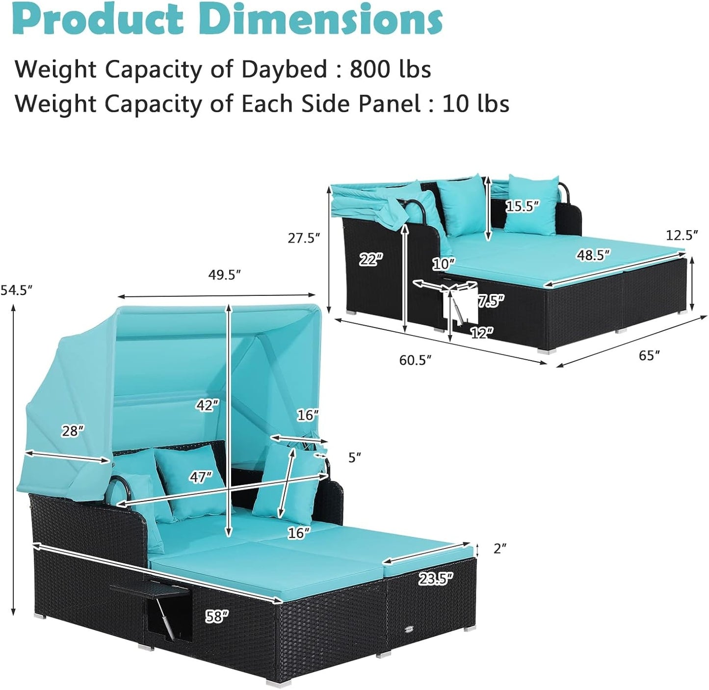 Patio Rattan Daybed With Retractable Canopy, Turquoise Outdoor Sectionals at Gallery Canada