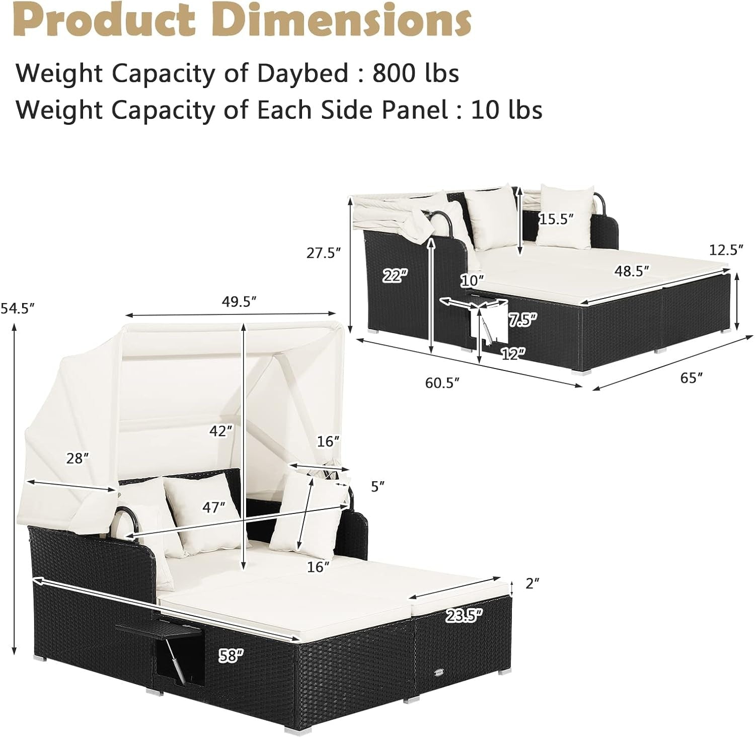 Patio Rattan Daybed, Retractable Canopy, Side Tables, Off White Outdoor Sectionals at Gallery Canada