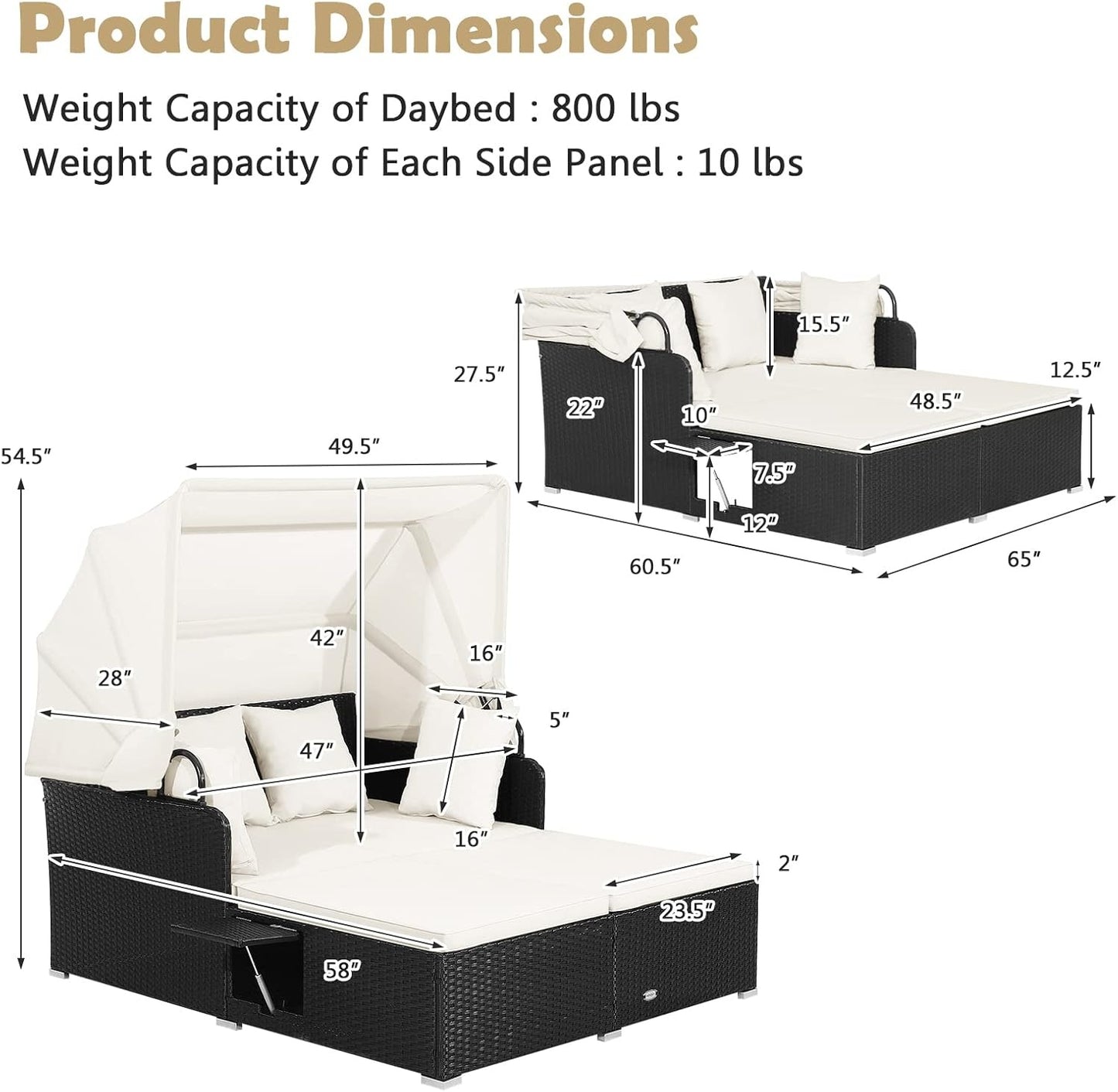 Patio Rattan Daybed, Retractable Canopy, Side Tables, Off White Outdoor Sectionals at Gallery Canada
