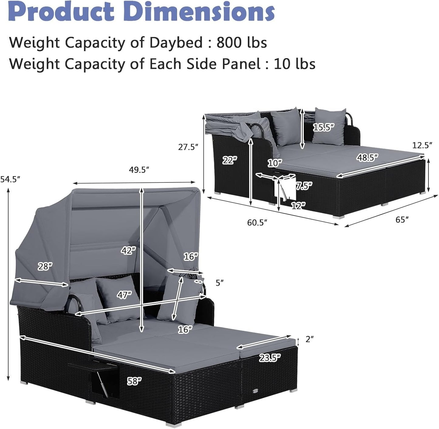 Patio Rattan Daybed With Retractable Canopy, Side Tables, Gray Outdoor Sectionals at Gallery Canada