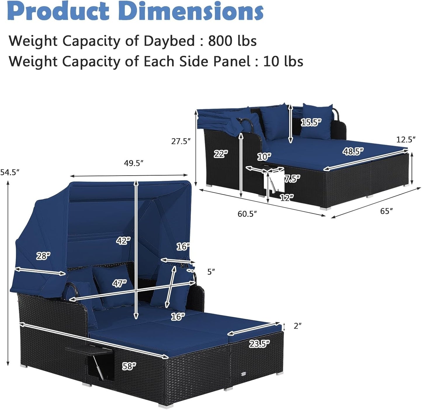 Patio Rattan Daybed With Retractable Canopy, Side Tables, Navy Outdoor Sectionals at Gallery Canada