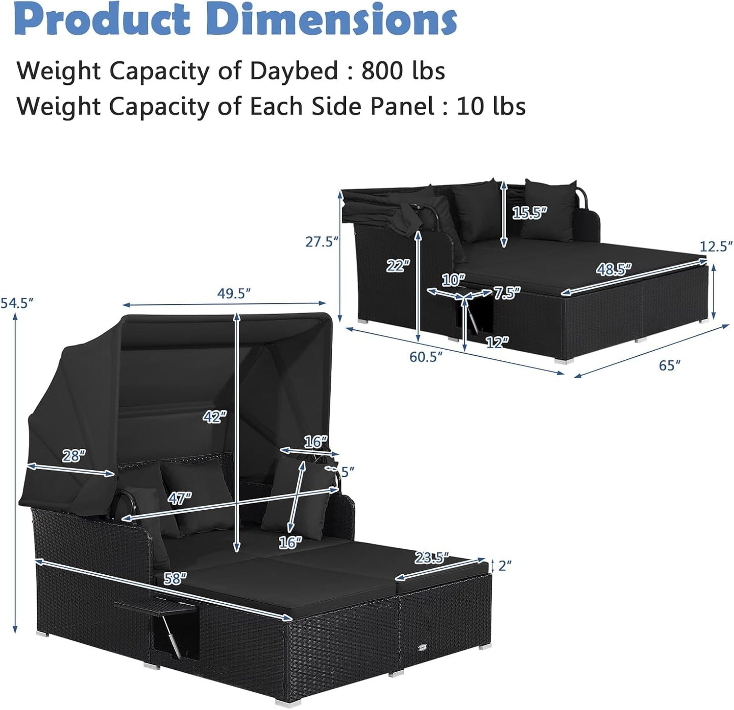 Patio Rattan Daybed With Retractable Canopy, Side Tables, Black Outdoor Sectionals at Gallery Canada