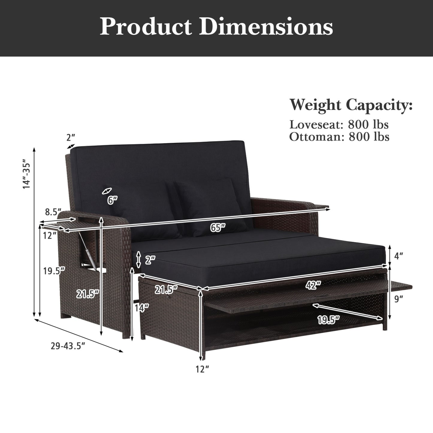 Patio Rattan Daybed, Adjustable Backrest, Retractable Side Tray, Black Outdoor Sectionals at Gallery Canada