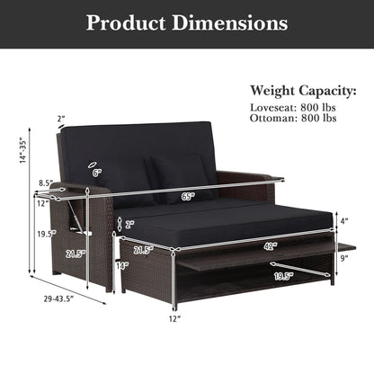 Patio Rattan Daybed, Adjustable Backrest, Retractable Side Tray, Black Outdoor Sectionals at Gallery Canada