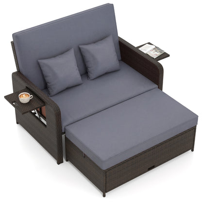 Lit de jour en rotin pour patio, dossier réglable à 4 niveaux, plateau latéral escamotable, gris