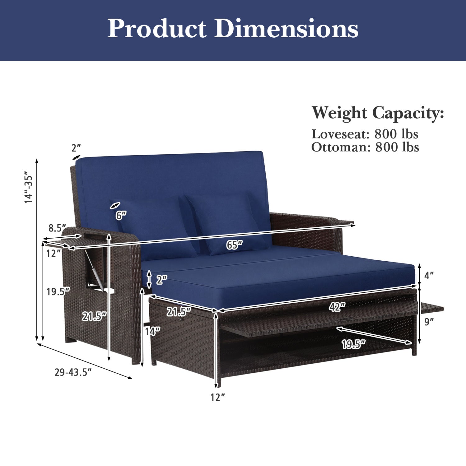 Patio Rattan Daybed, Adjustable Backrest, Retractable Side Tray, Navy Outdoor Sectionals at Gallery Canada