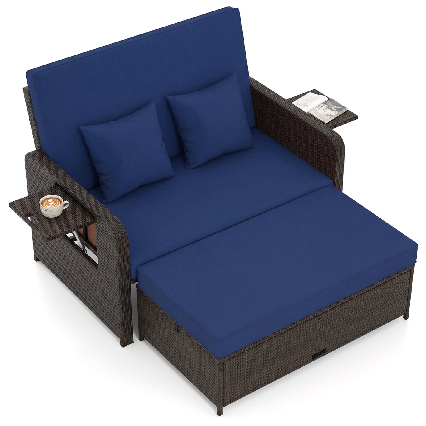 Patio Rattan Daybed, Adjustable Backrest, Retractable Side Tray, Navy Outdoor Sectionals at Gallery Canada