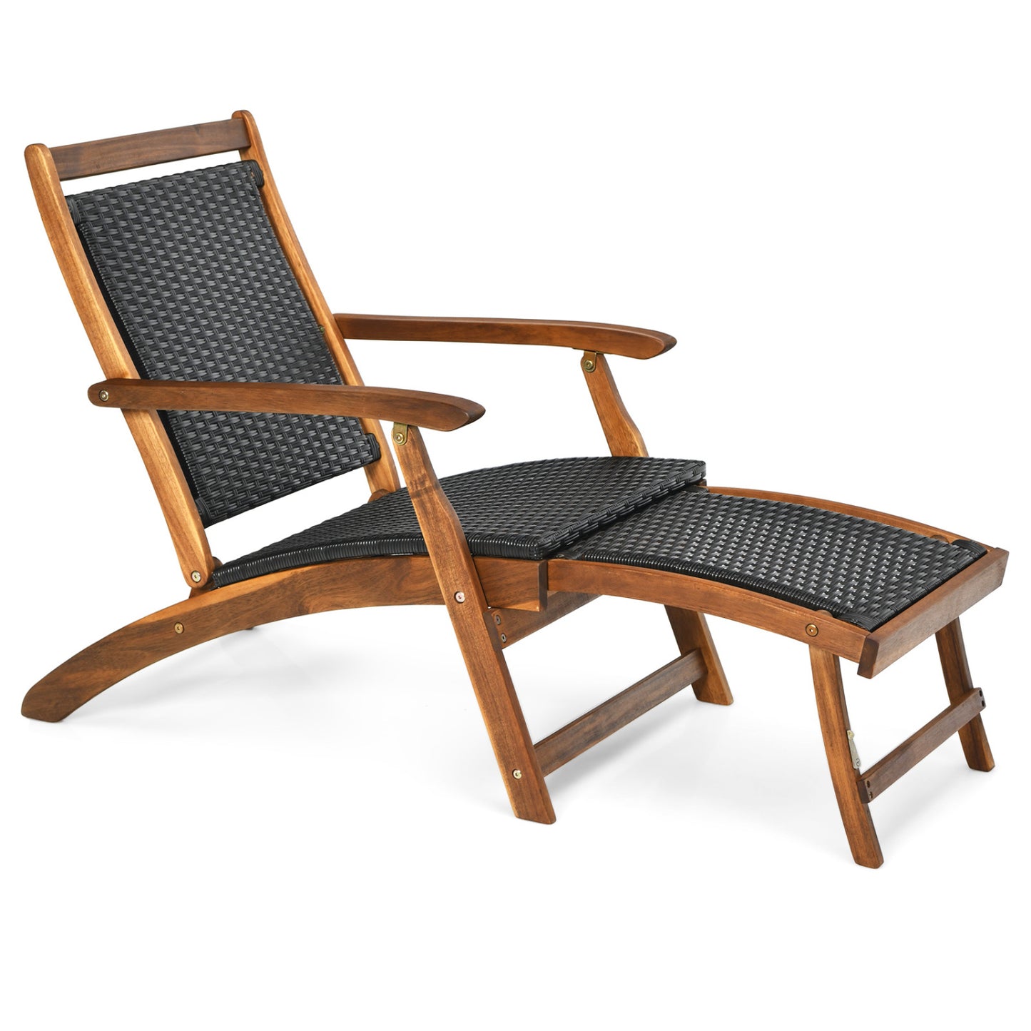 Rattan Folding Lounge Chair, Acacia Wood Frame, Retractable Footrest, Brown Outdoor Chaise Lounges Brown at Gallery Canada