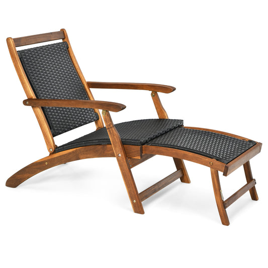 Rattan Folding Lounge Chair, Acacia Wood Frame, Retractable Footrest, Brown Outdoor Chaise Lounges Brown at Gallery Canada