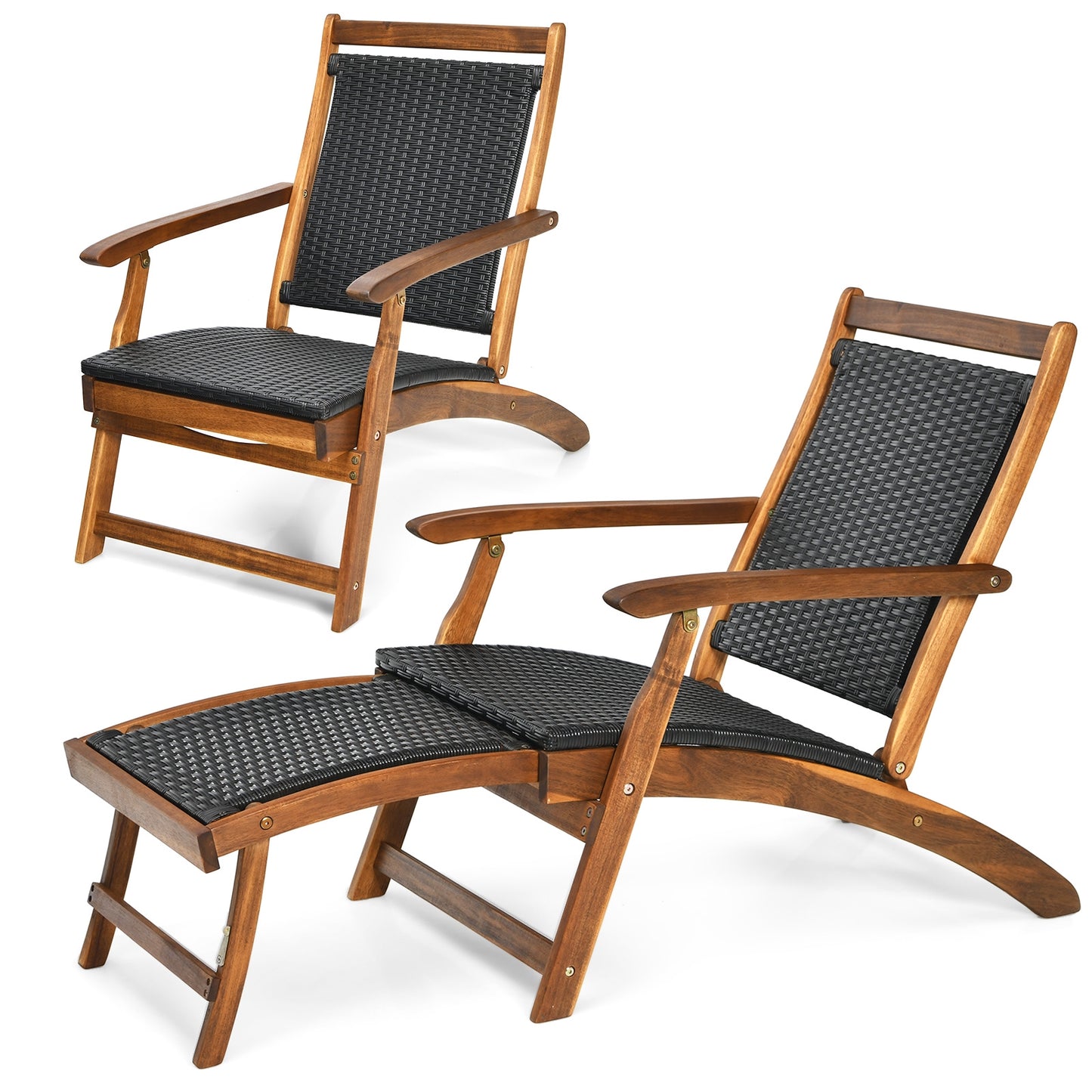 Rattan Folding Lounge Chair, Acacia Wood Frame, Retractable Footrest, Set of 2, Brown Outdoor Chaise Lounges Brown at Gallery Canada