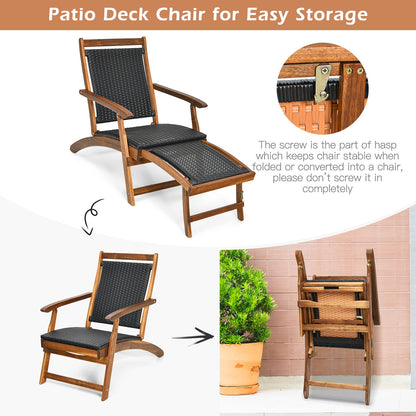 Rattan Folding Lounge Chair, Acacia Wood Frame, Retractable Footrest, Set of 2, Brown Outdoor Chaise Lounges at Gallery Canada