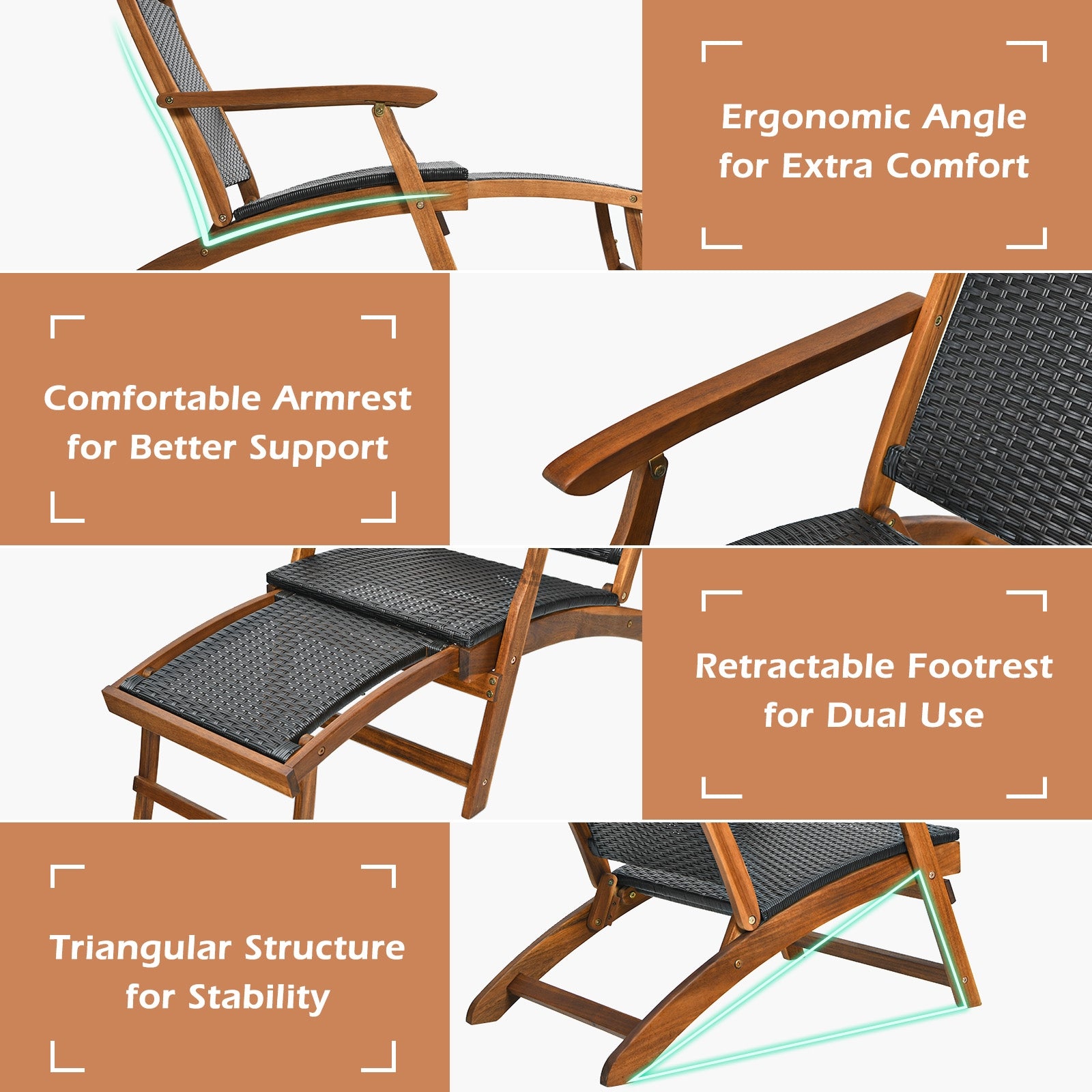 Rattan Folding Lounge Chair, Acacia Wood Frame, Retractable Footrest, Set of 2, Brown Outdoor Chaise Lounges at Gallery Canada