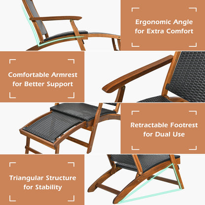 Rattan Folding Lounge Chair, Acacia Wood Frame, Retractable Footrest, Set of 2, Brown Outdoor Chaise Lounges at Gallery Canada