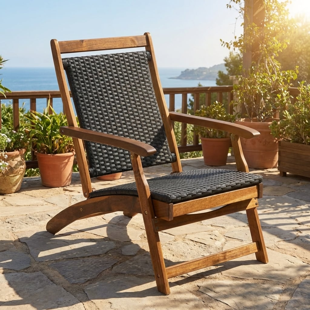 Rattan Folding Lounge Chair, Acacia Wood Frame, Retractable Footrest, Set of 2, Brown Outdoor Chaise Lounges at Gallery Canada