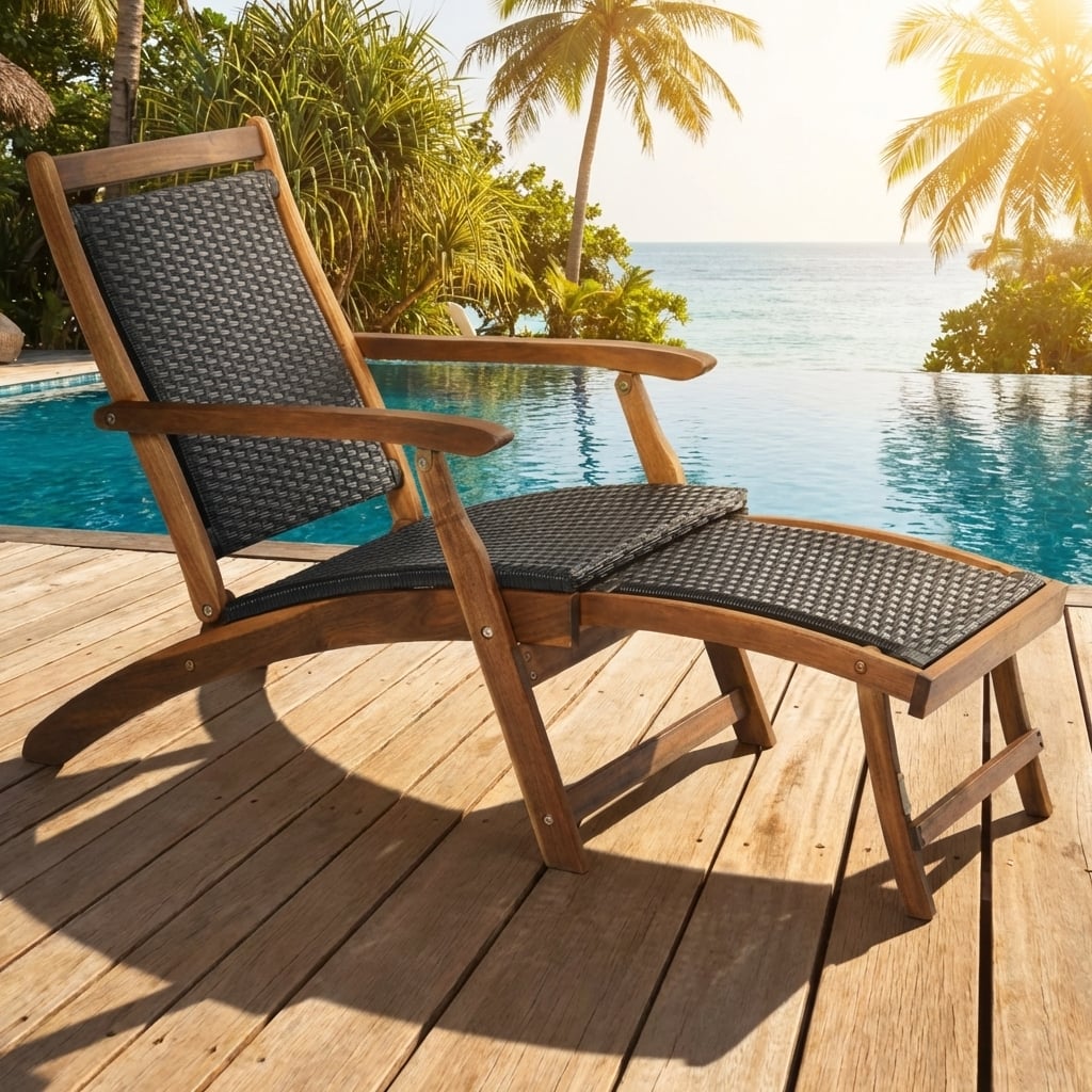 Rattan Folding Lounge Chair, Acacia Wood Frame, Retractable Footrest, Set of 2, Brown Outdoor Chaise Lounges at Gallery Canada
