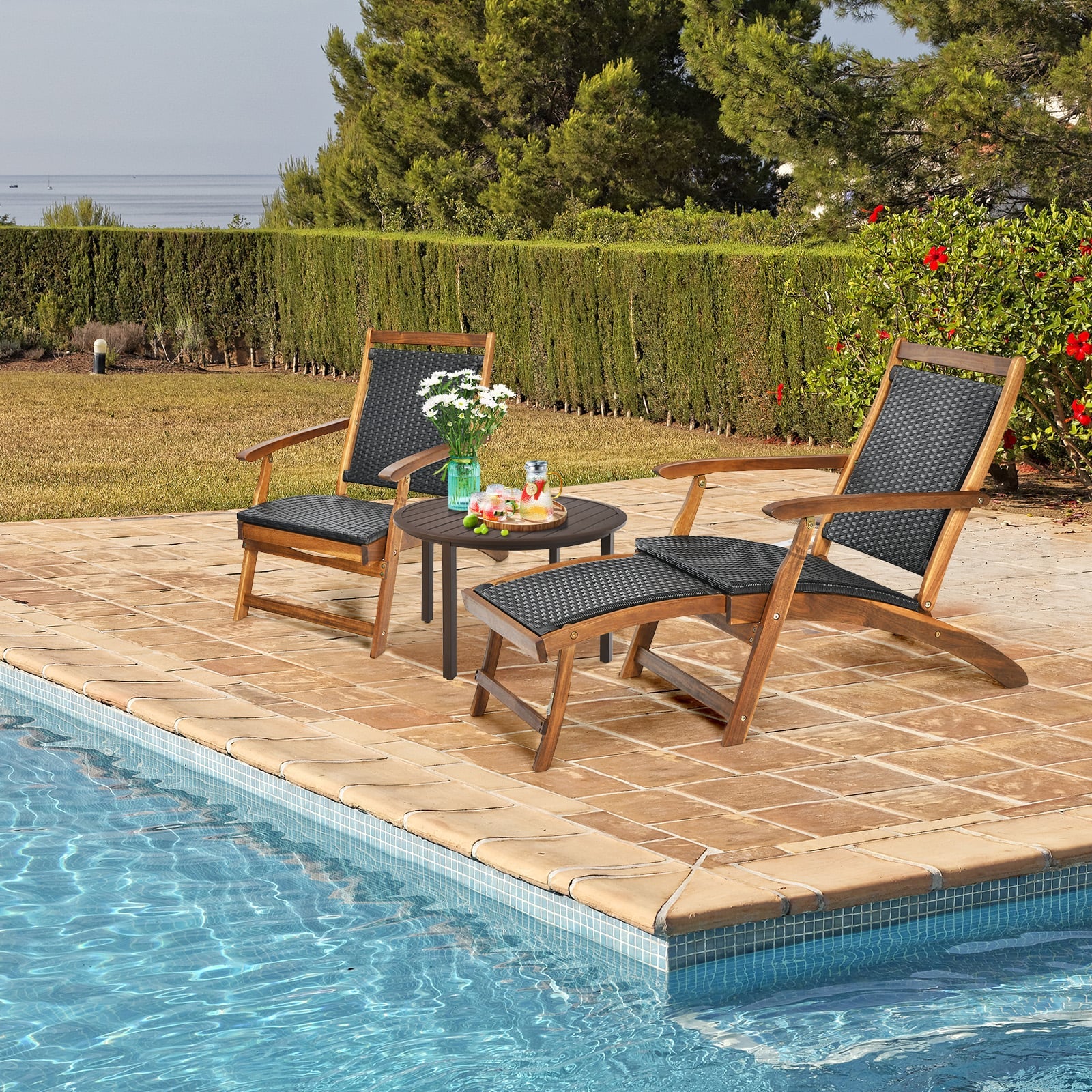 Rattan Folding Lounge Chair, Acacia Wood Frame, Retractable Footrest, Set of 2, Brown Outdoor Chaise Lounges at Gallery Canada
