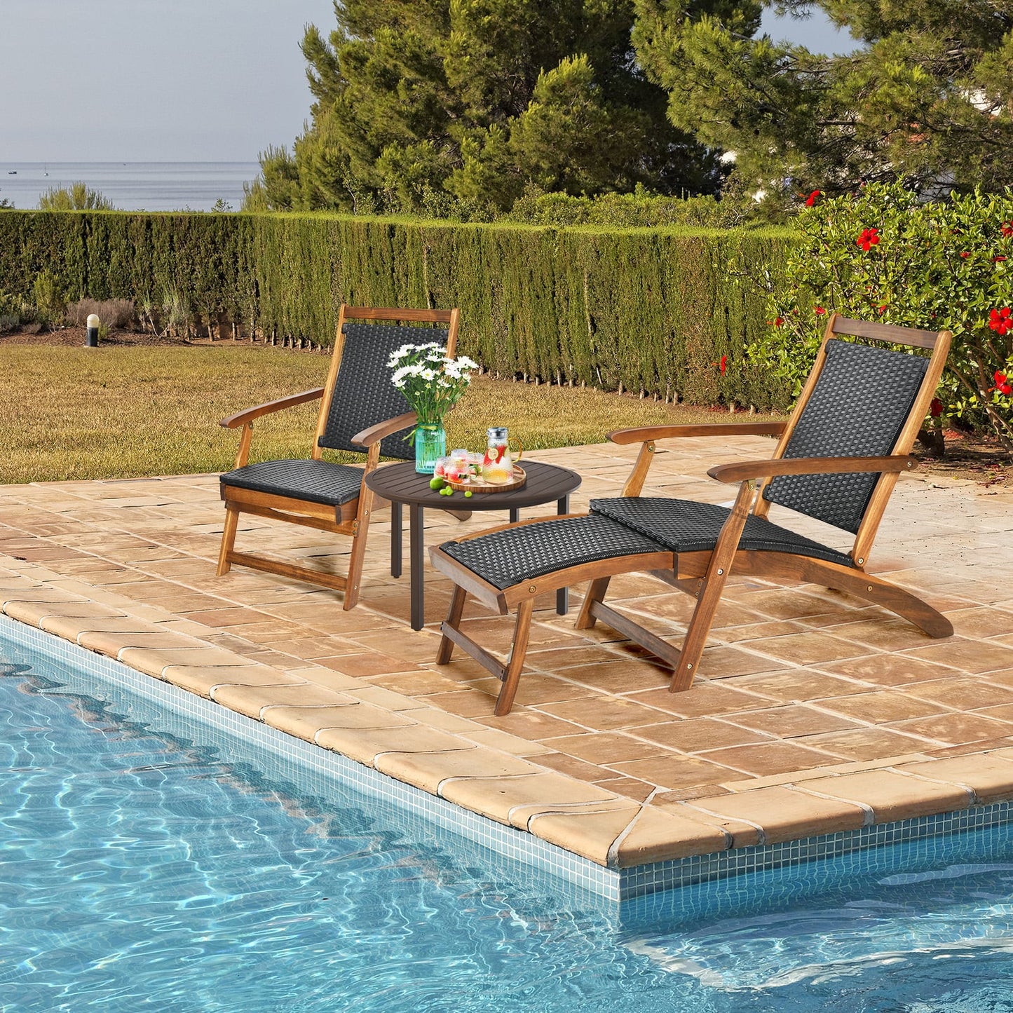 Rattan Folding Lounge Chair, Acacia Wood Frame, Retractable Footrest, Set of 2, Brown Outdoor Chaise Lounges at Gallery Canada
