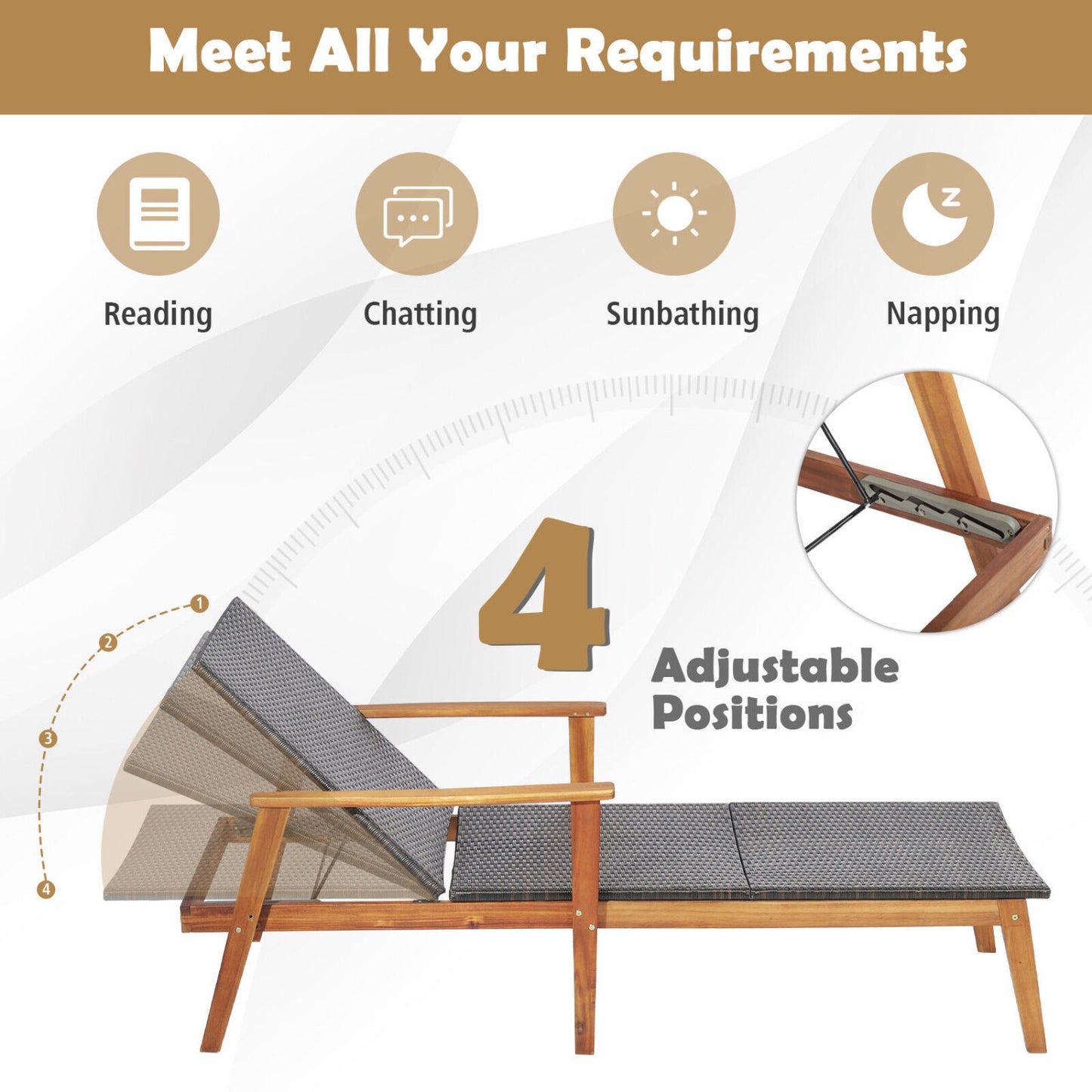 Patio Rattan Lounge Chair with 4-Position Adjustable Backrest, Brown Outdoor Chaise Lounges at Gallery Canada