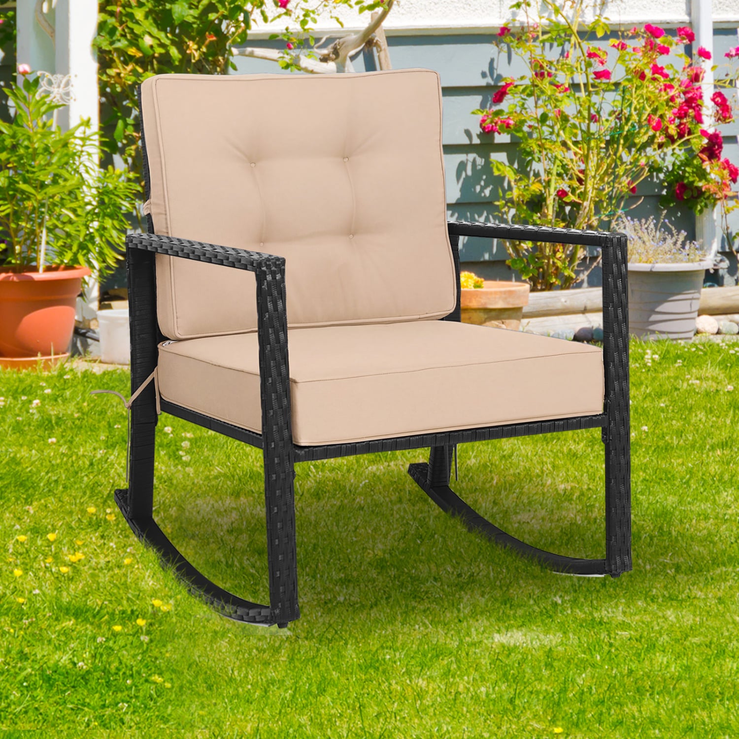 Patio Rattan Rocker Outdoor Glider Rocking Chair Cushion Lawn, Brown Patio Rocking Chairs & Gliders at Gallery Canada