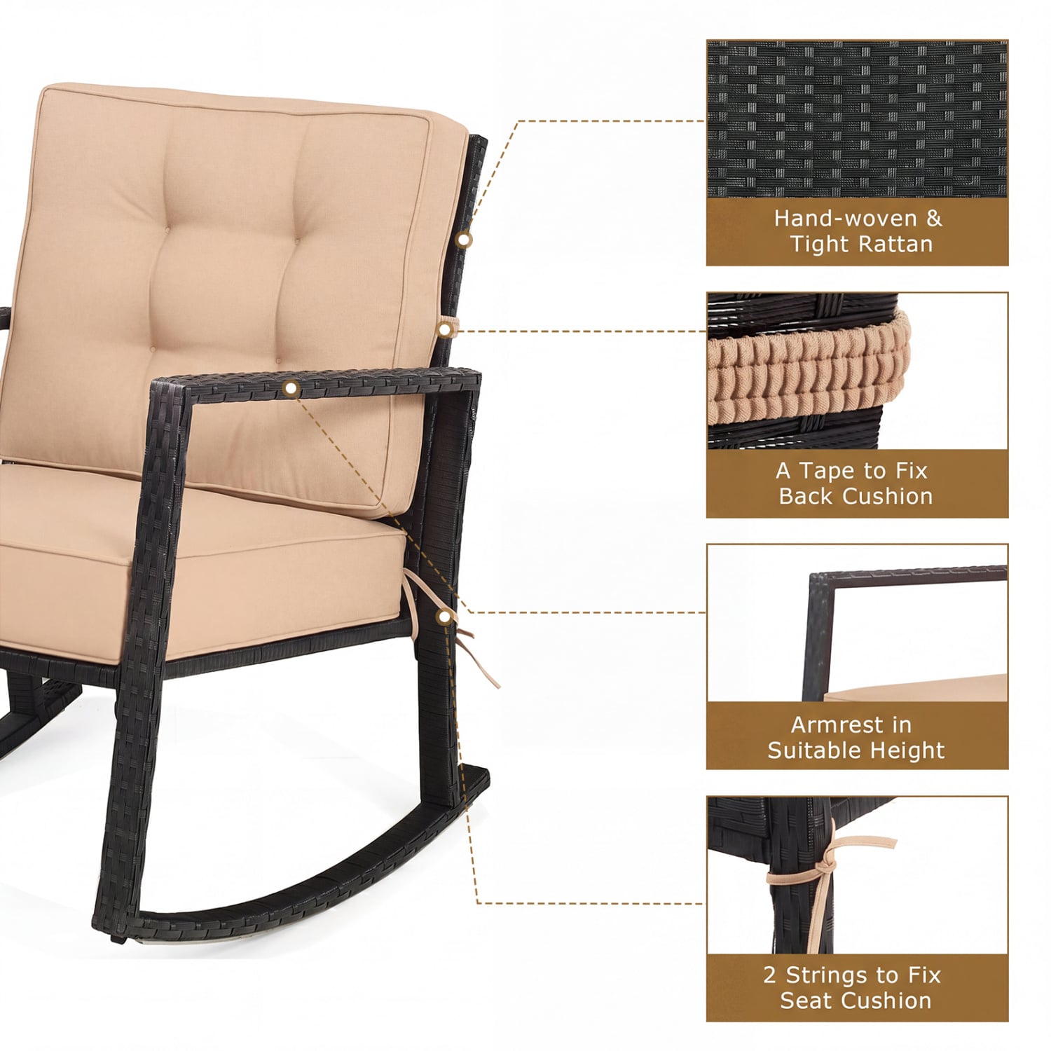 Patio Rattan Rocker Outdoor Glider Rocking Chair Cushion Lawn, Brown Patio Rocking Chairs & Gliders at Gallery Canada
