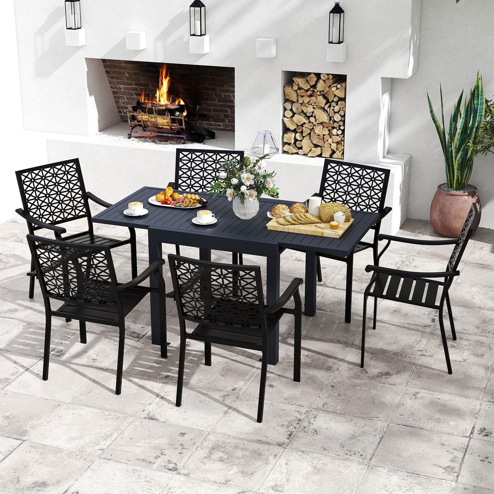Patio Rectangular Aluminum Table and Stackable Armchairs Set with Slatted Tabletop and Seats Patio Dining Sets at Gallery Canada