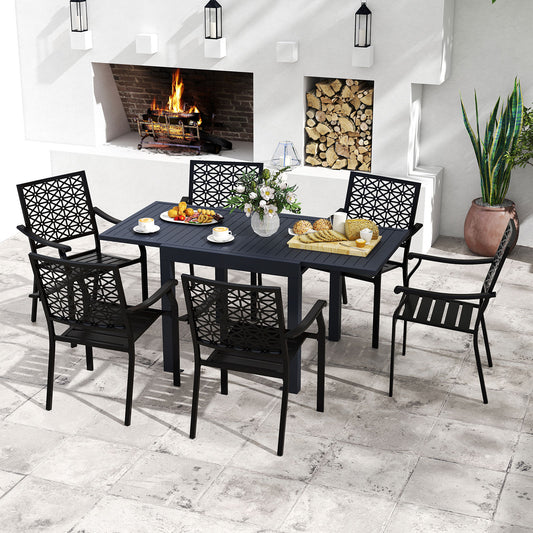 Patio Rectangular Aluminum Table and Stackable Armchairs Set with Slatted Tabletop and Seats Patio Dining Sets Options at Gallery Canada