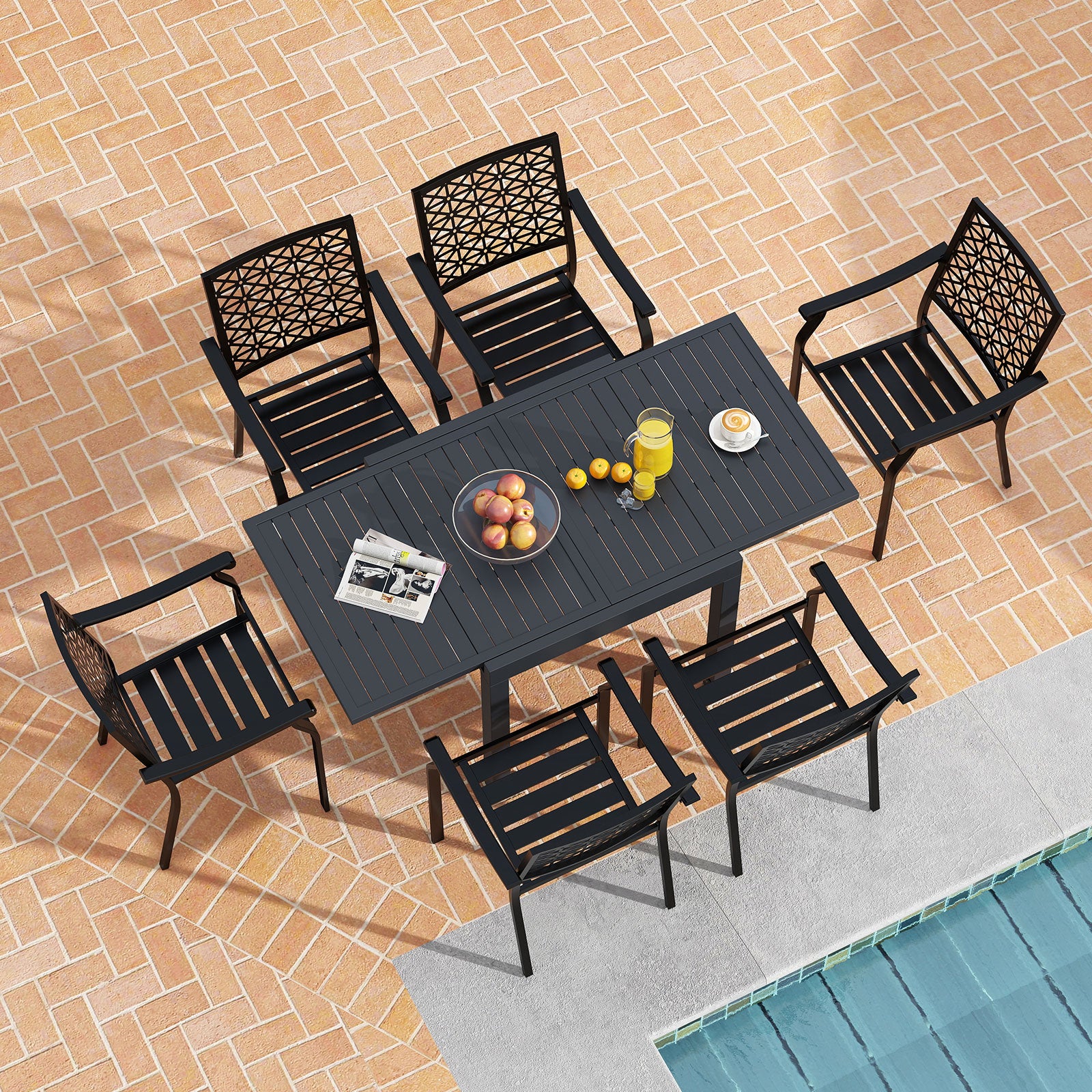 Patio Rectangular Aluminum Table and Stackable Armchairs Set with Slatted Tabletop and Seats Patio Dining Sets at Gallery Canada