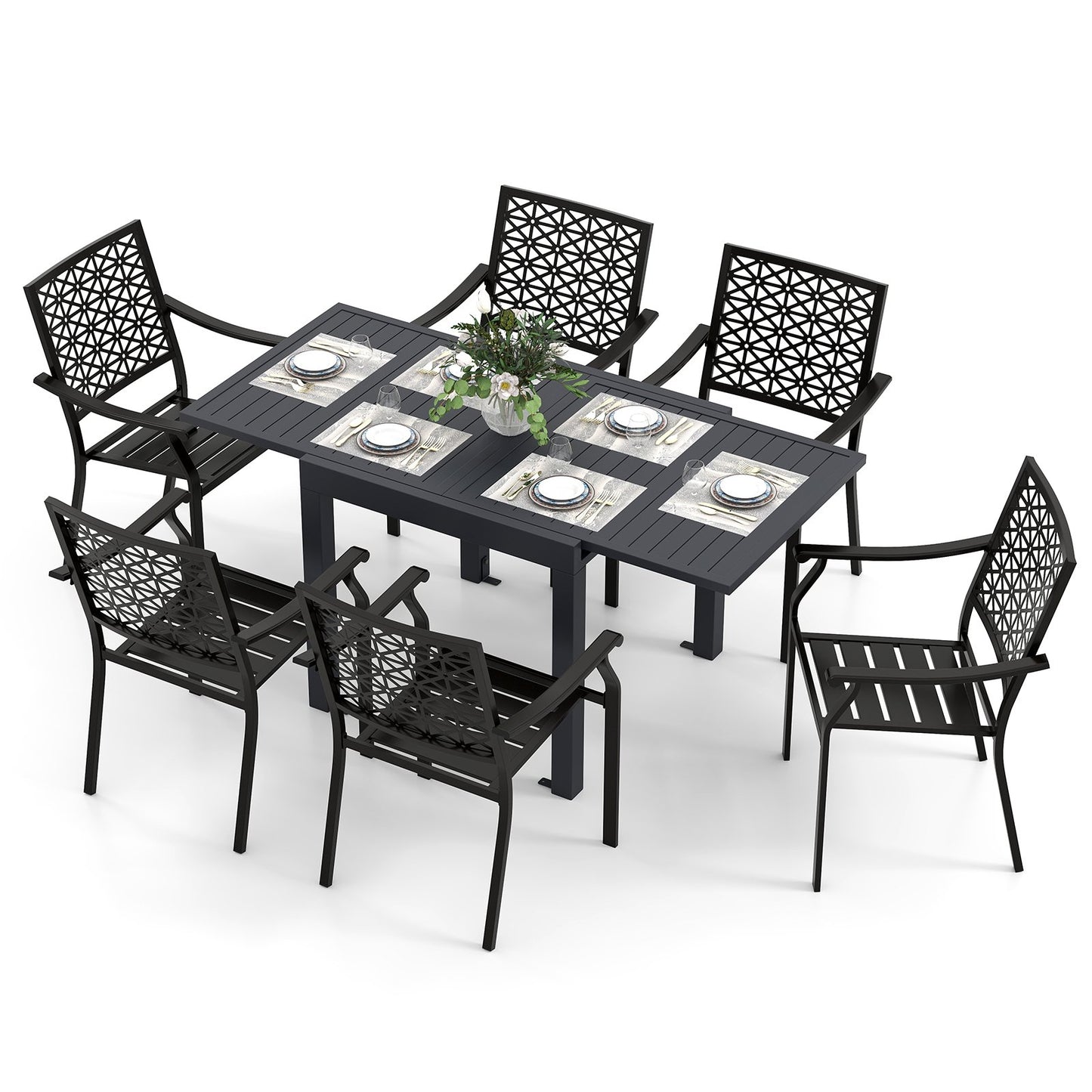 Patio Rectangular Aluminum Table and Stackable Armchairs Set with Slatted Tabletop and Seats Patio Dining Sets Options at Gallery Canada