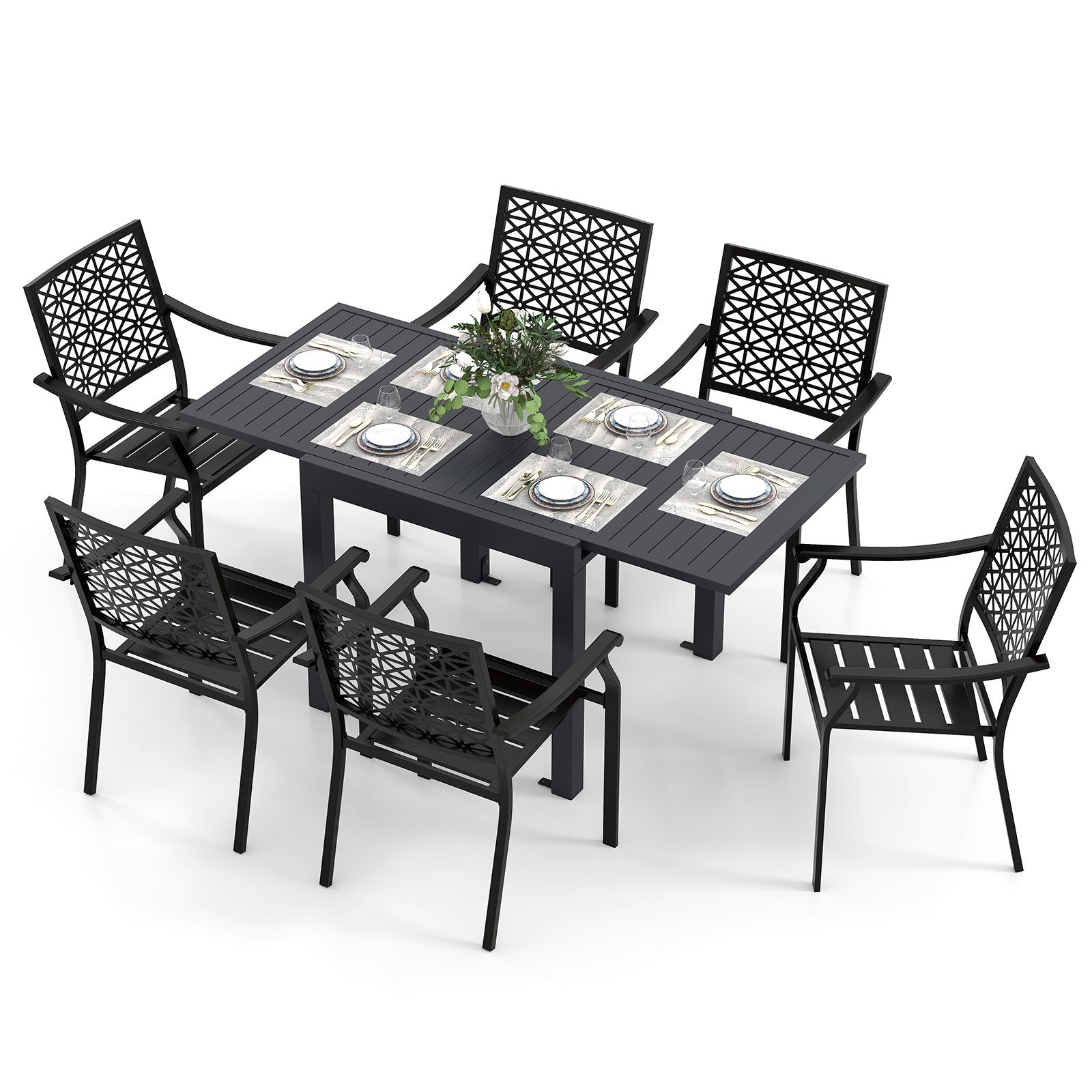 Patio Rectangular Aluminum Table and Stackable Armchairs Set with Slatted Tabletop and Seats Patio Dining Sets Options at Gallery Canada
