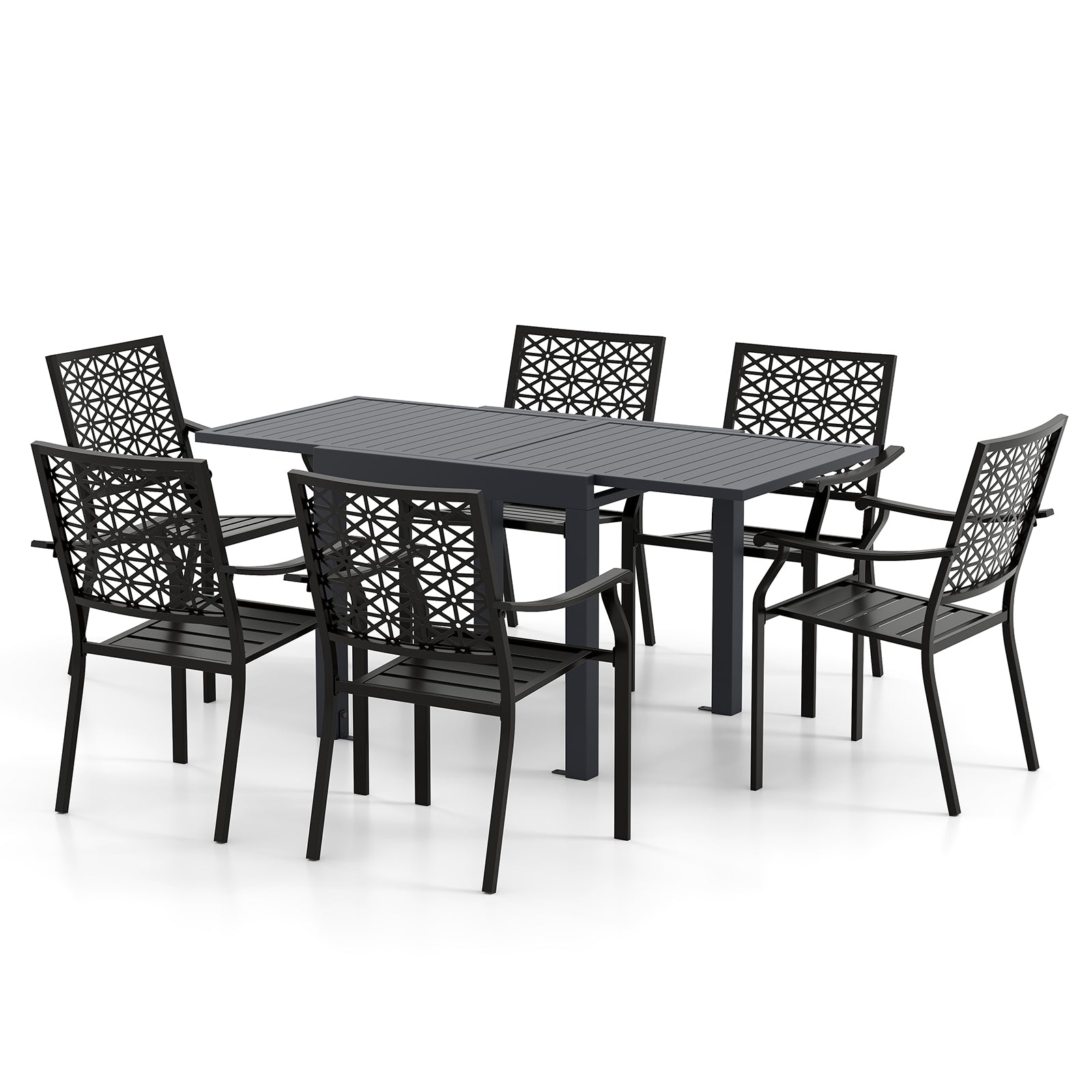 Patio Rectangular Aluminum Table and Stackable Armchairs Set with Slatted Tabletop and Seats Patio Dining Sets at Gallery Canada