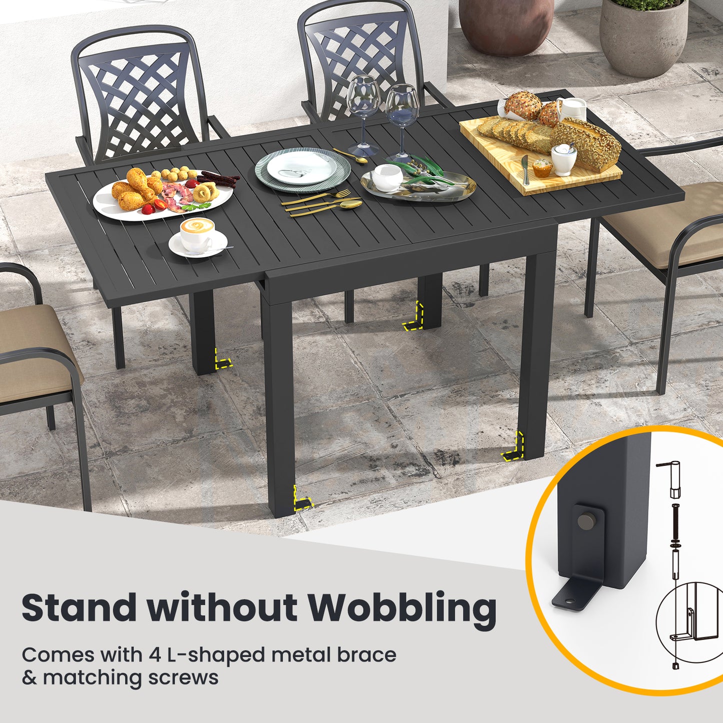 Patio Rectangular Aluminum Table and Stackable Armchairs Set with Slatted Tabletop and Seats Patio Dining Sets at Gallery Canada