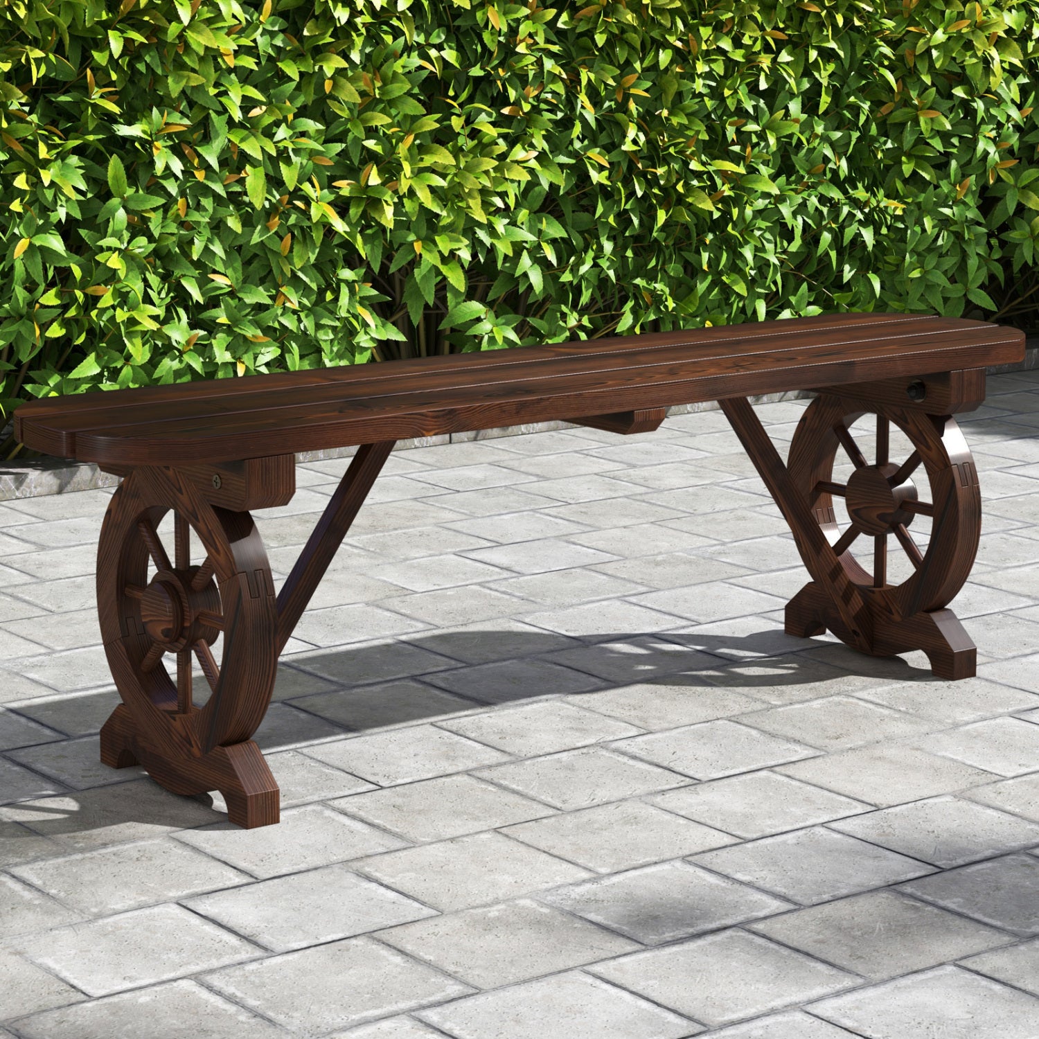 Rustic Wood Bench With Wagon Wheel Base, Rustic Brown Outdoor Benches at Gallery Canada
