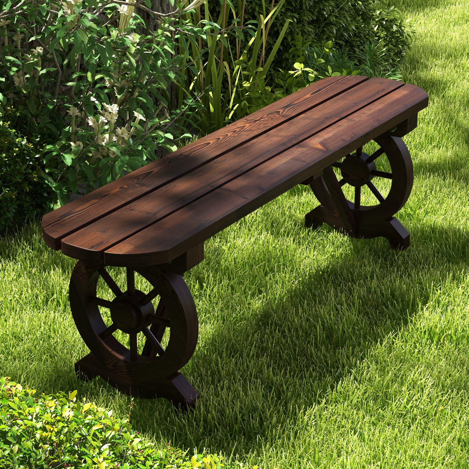 Rustic Wood Bench With Wagon Wheel Base, Rustic Brown Outdoor Benches at Gallery Canada