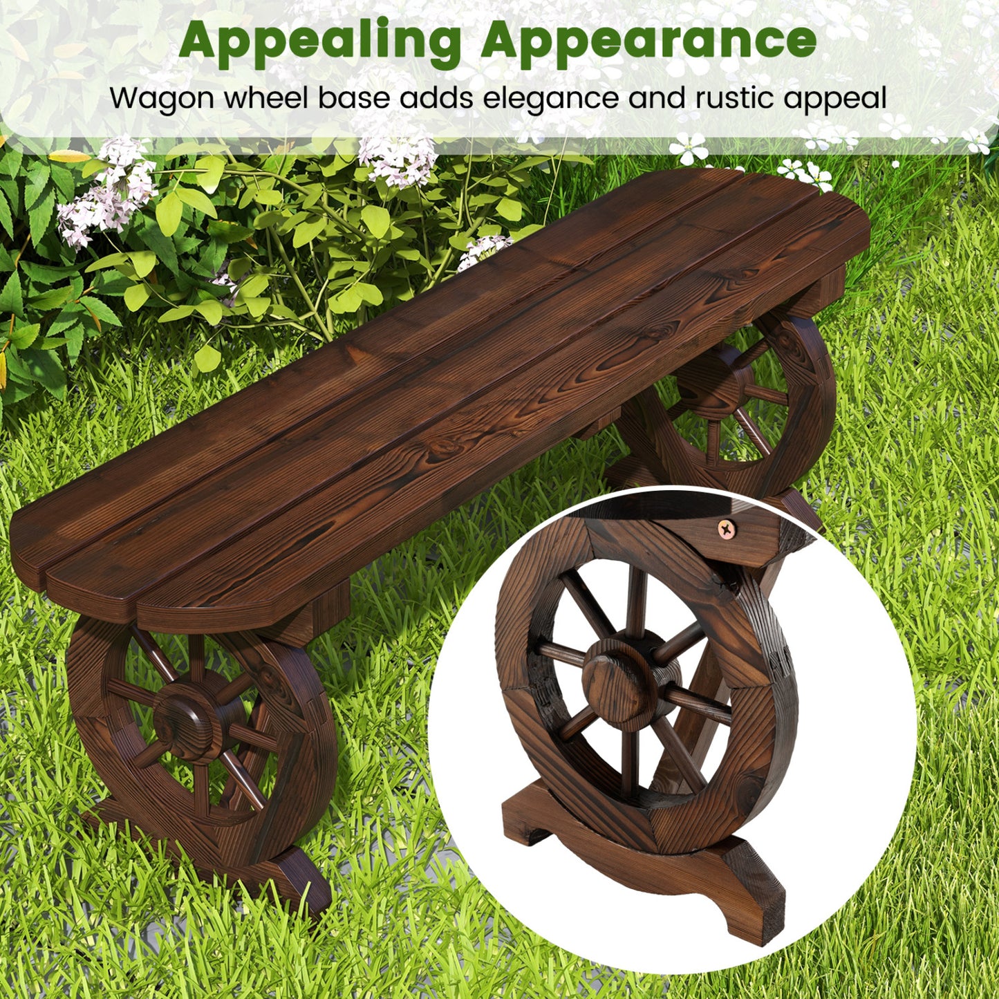 Rustic Wood Bench With Wagon Wheel Base, Rustic Brown Outdoor Benches at Gallery Canada
