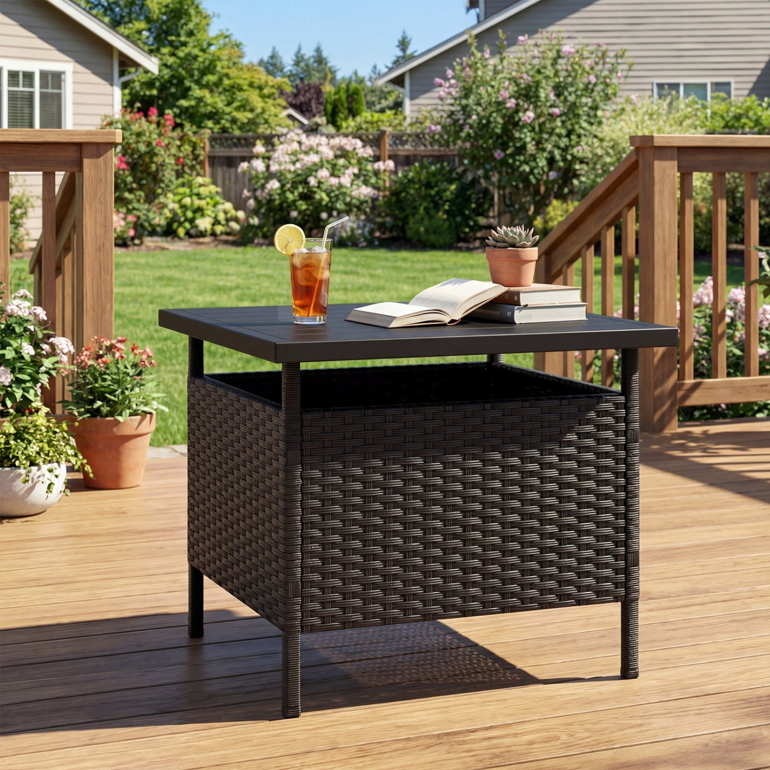 Square Wicker Side Table With Umbrella Hole, Black Patio Coffee Tables at Gallery Canada