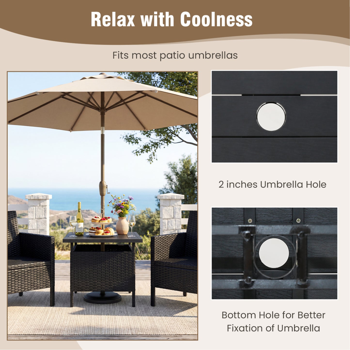 Square Wicker Side Table With Umbrella Hole, Black Patio Coffee Tables at Gallery Canada