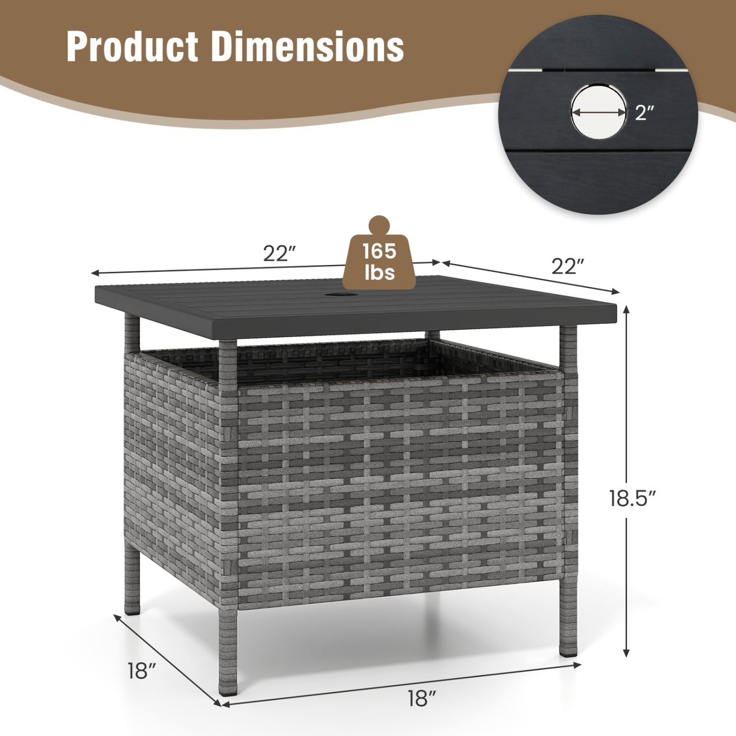 Square Wicker Side Table, With Umbrella Hole, Gray Patio Coffee Tables at Gallery Canada