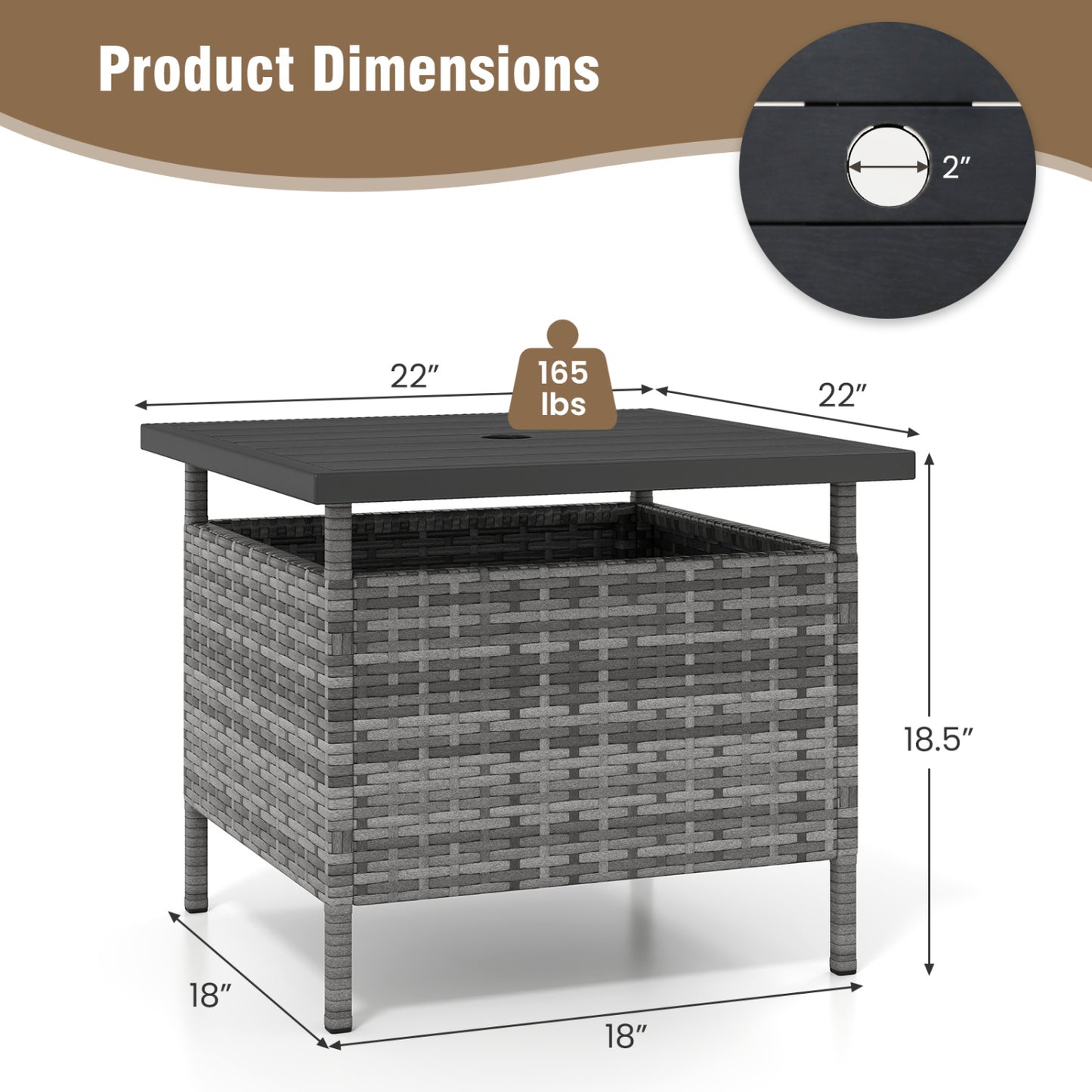 Square Wicker Side Table, With Umbrella Hole, Gray Patio Coffee Tables at Gallery Canada