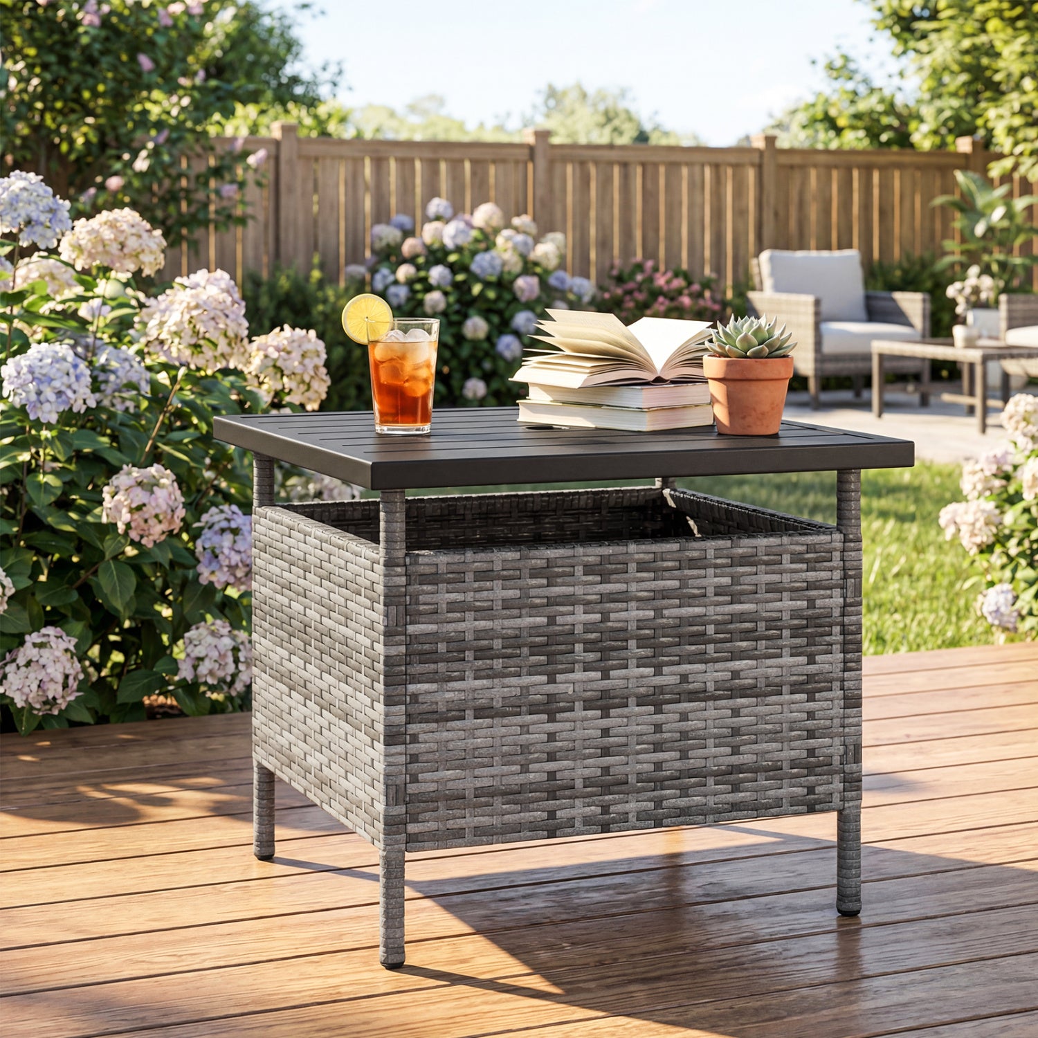 Square Wicker Side Table, With Umbrella Hole, Gray Patio Coffee Tables at Gallery Canada