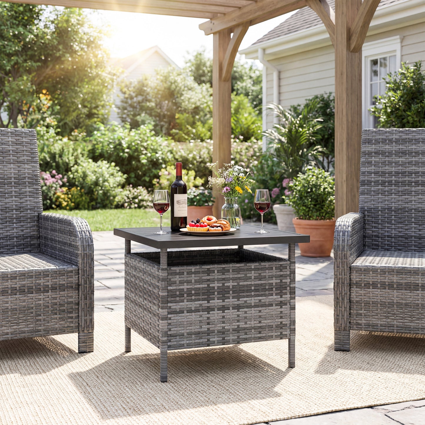 Square Wicker Side Table, With Umbrella Hole, Gray Patio Coffee Tables at Gallery Canada