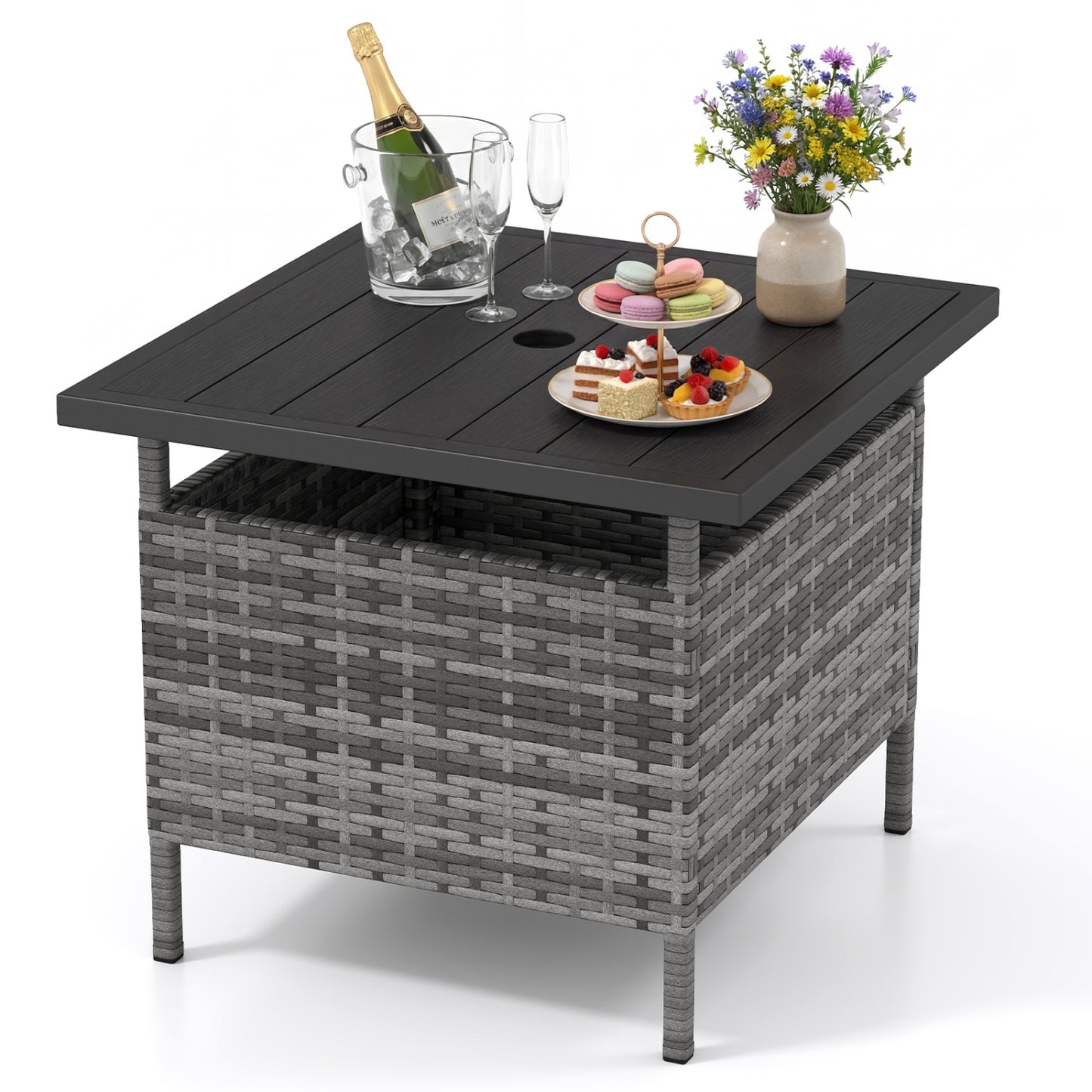 Square Wicker Side Table, With Umbrella Hole, Gray Patio Coffee Tables at Gallery Canada