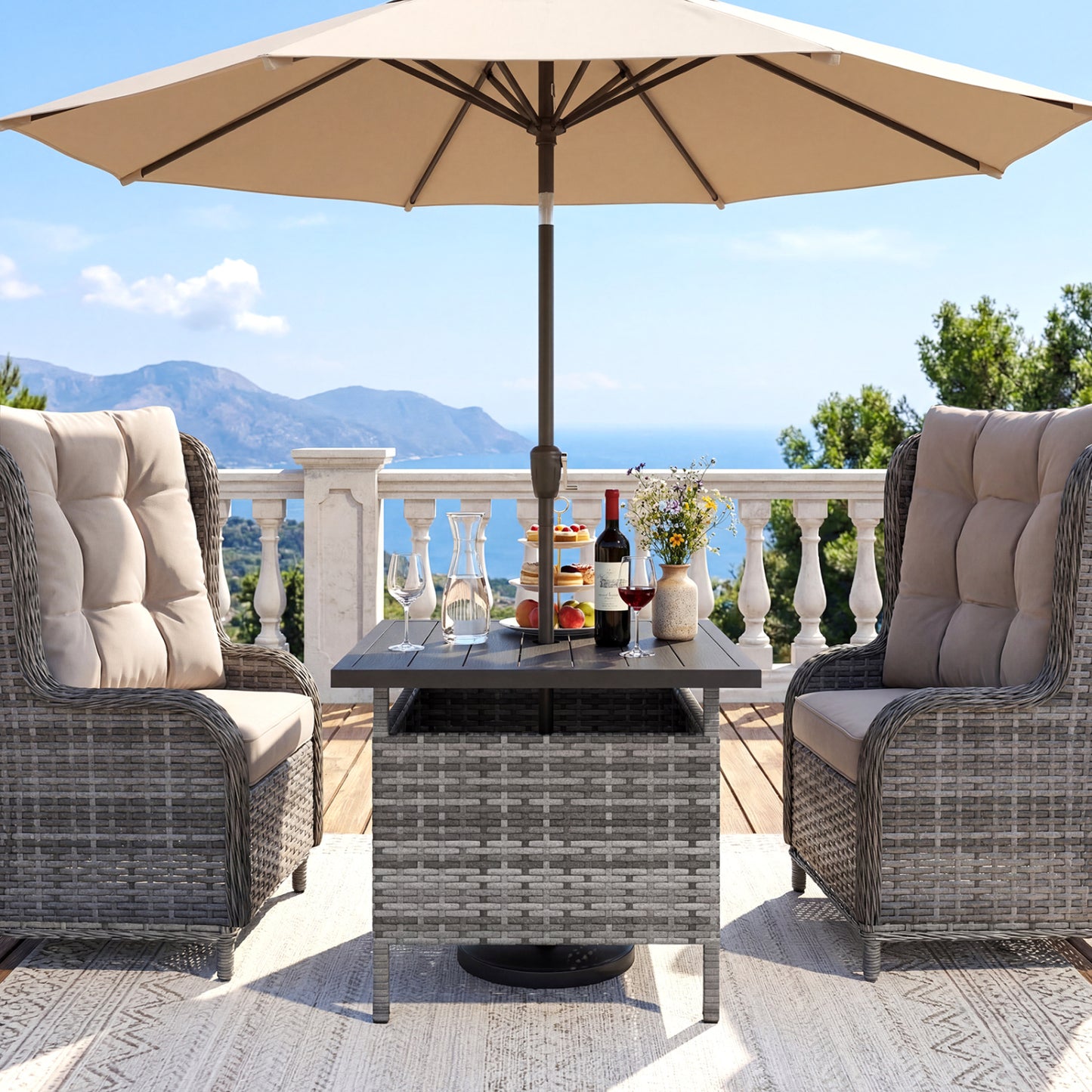 Square Wicker Side Table, With Umbrella Hole, Gray Patio Coffee Tables at Gallery Canada