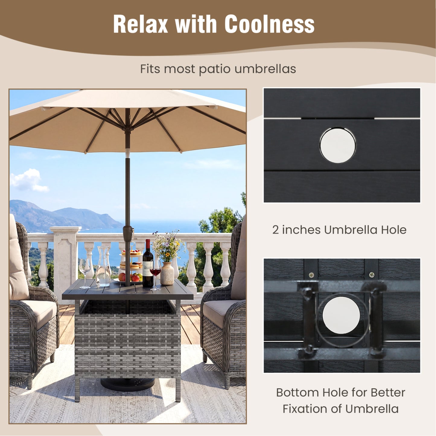 Square Wicker Side Table, With Umbrella Hole, Gray Patio Coffee Tables at Gallery Canada