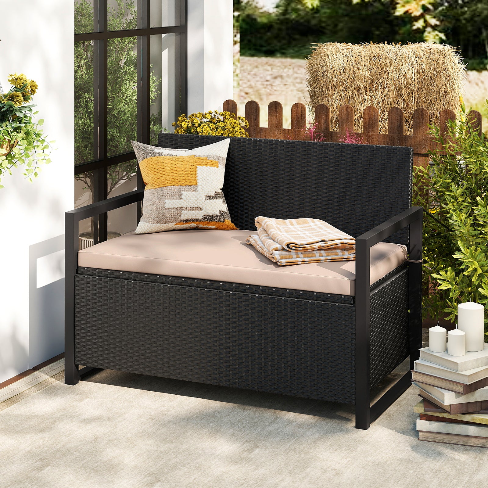 Patio Storage Bench Outdoor Wicker Loveseat with Built-in Storage, Brown Sheds & Outdoor Storage at Gallery Canada
