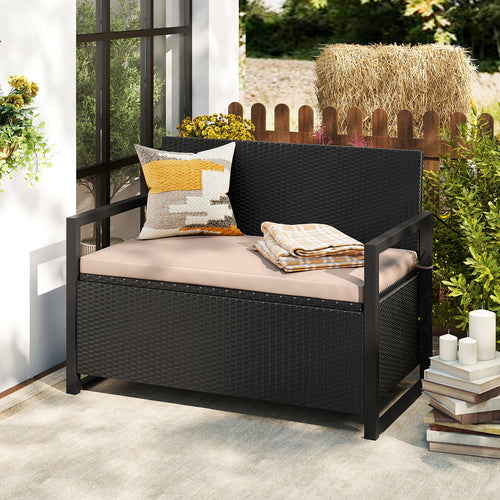 Patio Storage Bench Outdoor Wicker Loveseat with Built-in Storage, Brown