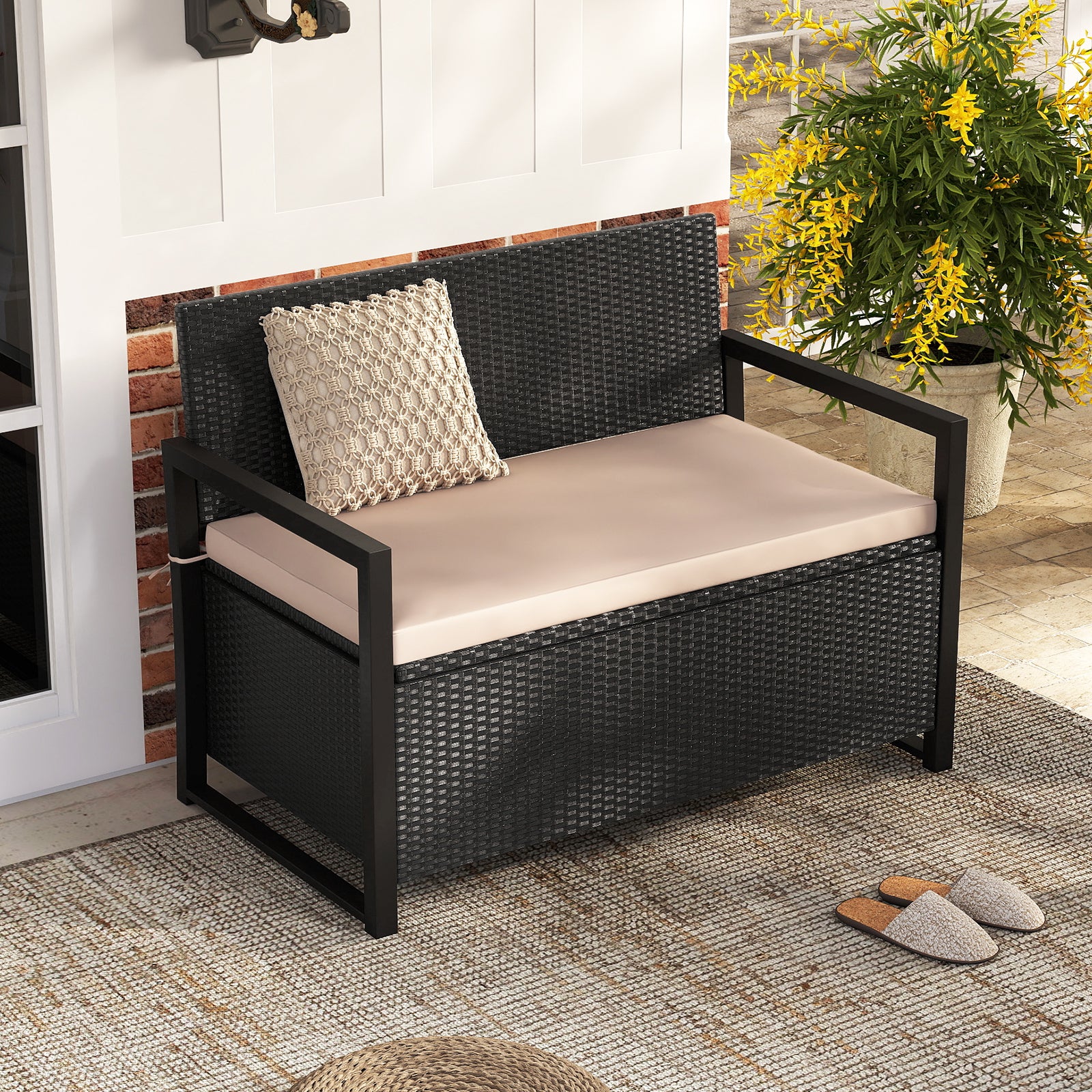 Patio Storage Bench Outdoor Wicker Loveseat with Built-in Storage, Brown Sheds & Outdoor Storage at Gallery Canada