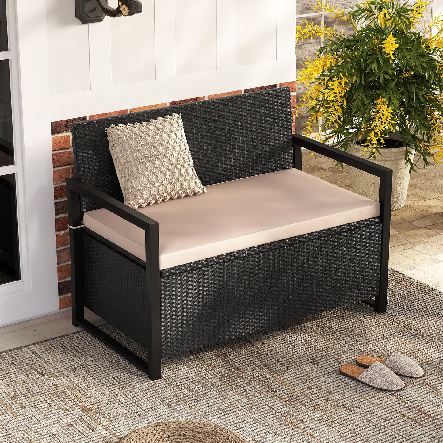 Patio Storage Bench Outdoor Wicker Loveseat with Built-in Storage, Brown Sheds & Outdoor Storage at Gallery Canada
