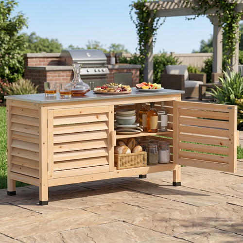 Patio Storage Cabinet, Stainless Steel Countertop, Natural